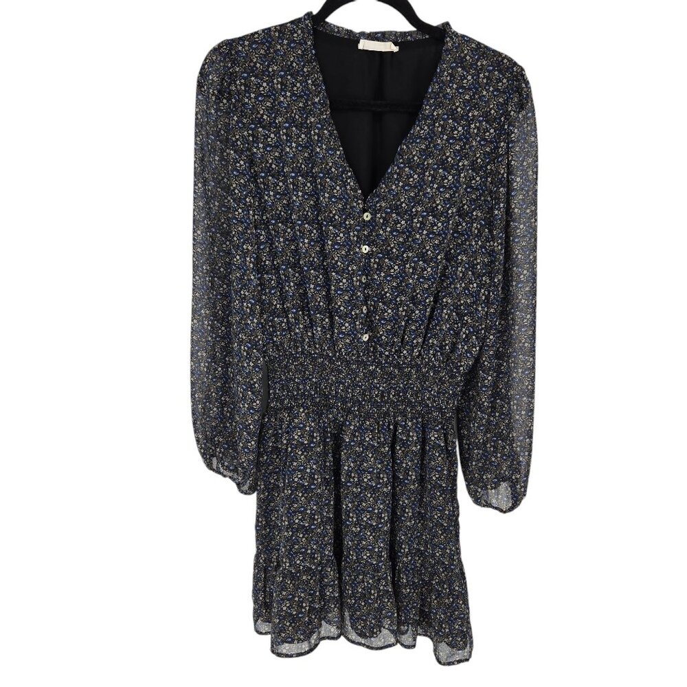 Brownie medium large brown blue white micro floral fit and flare dress